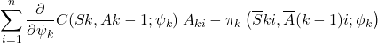 \[\sum_{i=1}^{n} \frac{\partial}{\partial \psi_k} C({\bar{S}k,\bar{A}{k-1}; \psi_k})\left{ A_{k i} - \pi_k \left( \overline{S}{k i}, \overline{A}{(k-1) i}; \phi_k \right) \right}\]