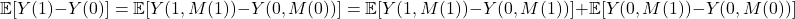 \[\mathbb{E}[Y(1) - Y(0)] = \mathbb{E}[Y(1, M(1)) - Y(0, M(0))] = \mathbb{E}[Y(1, M(1)) - Y(0, M(1))] + \mathbb{E}[Y(0, M(1)) - Y(0, M(0))]\]