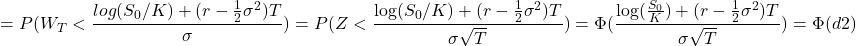 \[= P(W_T < \frac{log(S_0/K) + (r-\frac{1}{2}\sigma^2)T}{\sigma}) = P(Z < \frac{\log(S_0/K) + (r-\frac{1}{2}\sigma^2)T}{\sigma\sqrt{T}}) = \Phi(\frac{\log(\frac{S_0}{K}) + (r-\frac{1}{2}\sigma^2)T}{\sigma\sqrt{T}}) = \Phi(d2)\]