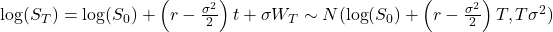 \begin{equation*}$\log(S_T) = \log(S_0) + \left( r - \frac{\sigma^2}{2} \right) t + \sigma W_T \sim N(\log(S_0) + \left( r - \frac{\sigma^2}{2} \right) T, T \sigma^2)$\end{equation*}